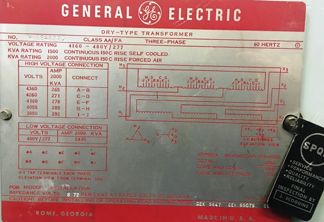 GE Dry Transformer 1500 KVA (4160 - 480Y/277)