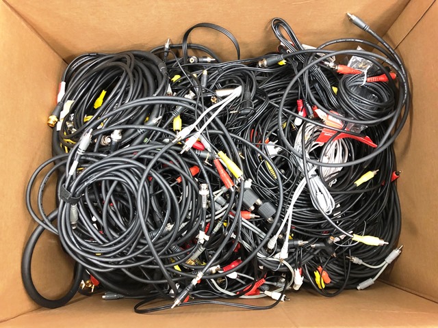 Box of RCA Cables and Adapters Various Lengths, RCA to: BNC, XLR, 1/4 Phono, Y Adapters, etc