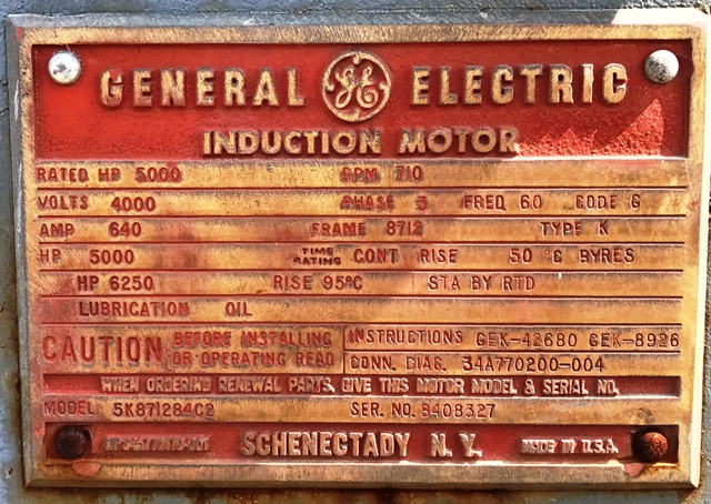 GE Motor 5000 HP; 710 RPM; 4000 Volts; SN 8408327