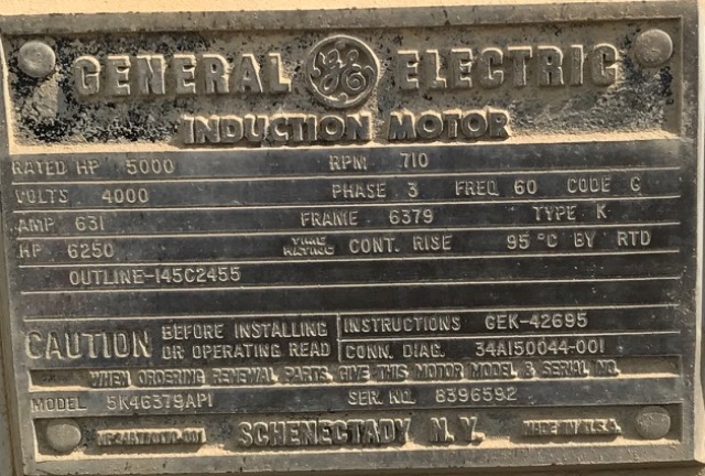 GE Motor 5000 HP; 710 RPM; 4000 Volts; SN 8396592 