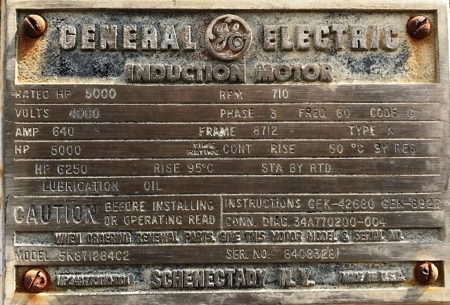 GE Motor 5000 HP; 710 RPM; 4000 Volts; SN  8408328 
