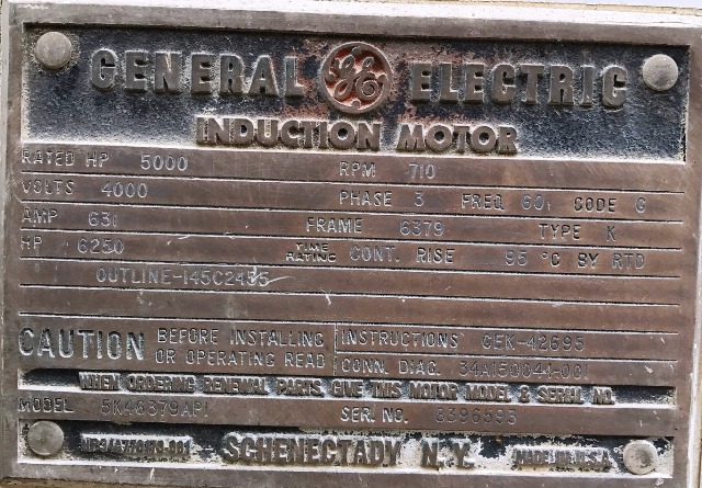 GE Motor 5000 HP; 710 RPM; 4000 Volts; SN 8396593