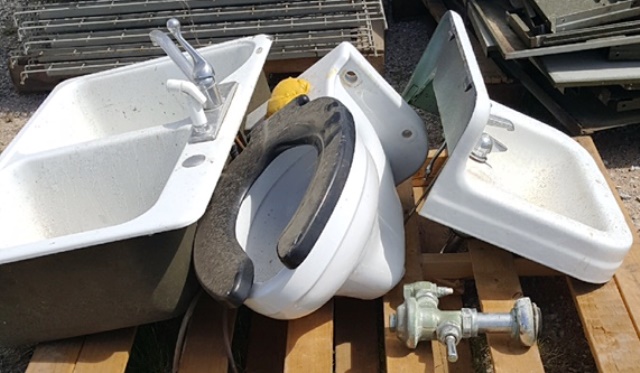 Double Kitchen Sink, Wall Mount Bathroom Sink, and Wall Mount Toilet with Flush Valve