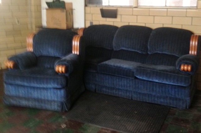Dark Blue Sofa and Chair (Wood arm trim)